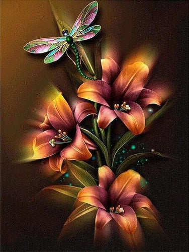 Broderie Diamant | Broderie Diamant - Lys et Libellule | animaux Broderie Animaux Broderie Fleurs fleurs | FiguredArt