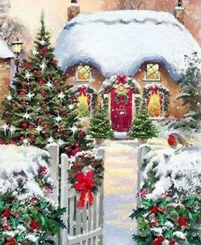 Broderie Diamant | Broderie Diamant - Maison accueillante en Hiver | Broderie Paysages hiver paysages | FiguredArt