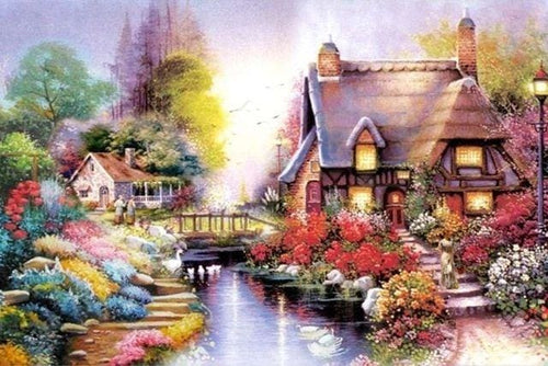 Broderie Diamant | Broderie Diamant - Maison de Campagne et Rivière | Broderie Fleurs fleurs | FiguredArt