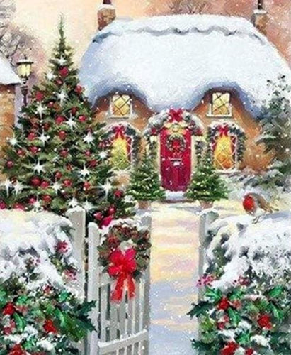 Broderie Diamant | Broderie Diamant - Maison lHiver | Broderie Paysages hiver paysages | FiguredArt