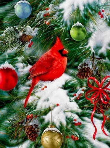 Broderie Diamant | Broderie Diamant - Oiseau sur Sapin de Noël | animaux Broderie Animaux Noël oiseaux | FiguredArt