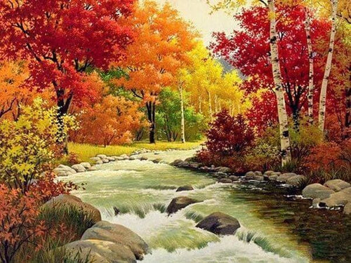 Broderie Diamant | Broderie Diamant - Rivière en Automne | Broderie Paysages paysages | FiguredArt