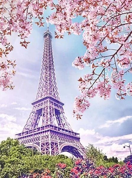 Broderie Diamant | Broderie Diamant - Tour Eiffel au Printemps | Broderie Romantique Broderie Ville romantique ville | FiguredArt