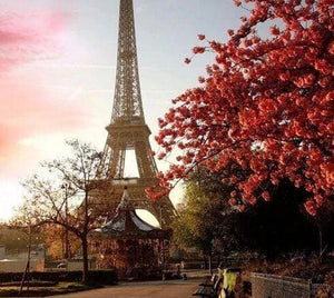 Broderie Diamant | Broderie Diamant - Tour Eiffel et Arbre fleuri | arbres Broderie Ville ville | FiguredArt