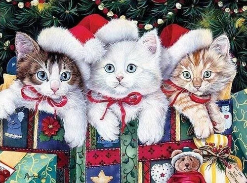 Broderie Diamant | Broderie Diamant - Trois Chatons à Noël | animaux Broderie Animaux chats Noël | FiguredArt