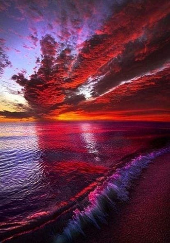 Broderie Diamant | Broderie Diamant - Vague et Ciel Rouge | Broderie Paysages paysages | FiguredArt