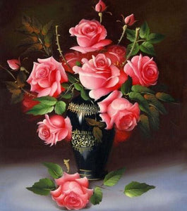 Broderie Diamant | Broderie Diamant - Vase de Rose | Broderie Fleurs fleurs | FiguredArt
