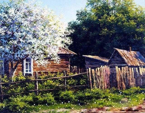 peinture par numéros | Cabane et Arbres en fleurs | arbres complexe paysages | FiguredArt