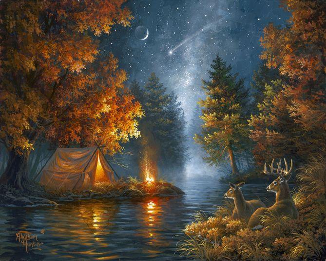 Peinture par numéros Camping sous une nuit étoilée | Figured'Art intermédiaire animaux rennes et biches nouveautés