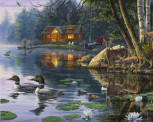 Charger l&#39;image dans la galerie, Peinture par numéros Chalet au bord du Lac | Figured&#39;Art intermédiaire animaux oiseaux canards nouveautés