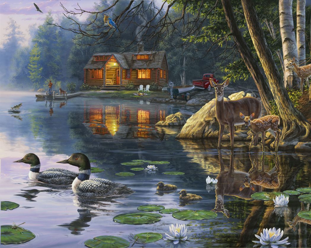 Peinture par numéros Chalet au bord du Lac | Figured'Art intermédiaire animaux oiseaux canards nouveautés