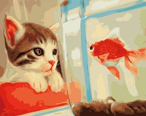 peinture par numéros | Chat et Poisson rouge dans son Bocal | animaux chats facile | FiguredArt
