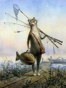 Tableau sur toile Pêcheur avec de pêche et la capture de poissons