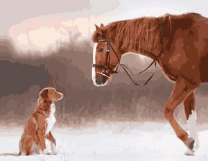 peinture par numéros | Cheval et Chien dans la Neige | animaux chevaux chiens intermédiaire | FiguredArt