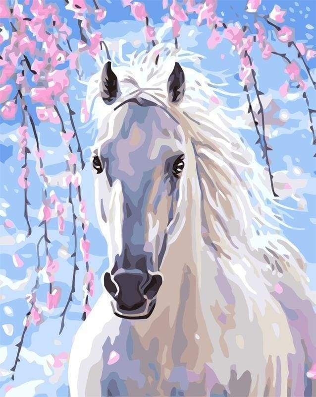 peinture par numéros | Cheval et Fleurs blanches | animaux chevaux facile | FiguredArt