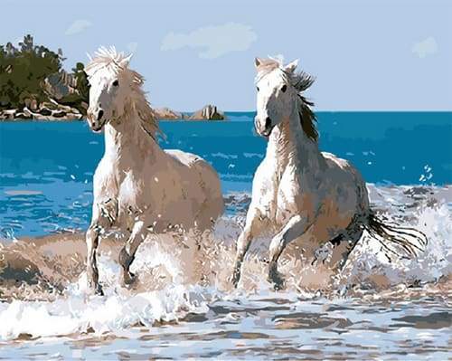 peinture par numéros | Chevaux blancs dans les Vagues | animaux chevaux intermédiaire | FiguredArt