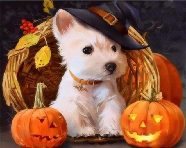 peinture par numéros | Chien Westie Halloween | animaux chiens intermédiaire | FiguredArt