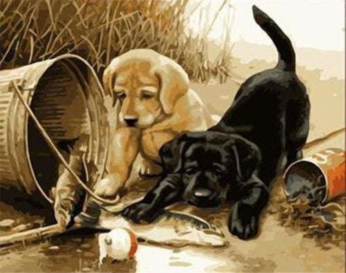 peinture par numéros | Chiots jouant avec des Poissons | animaux chiens intermédiaire | FiguredArt