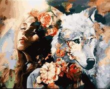 Charger l&#39;image dans la galerie, peinture par numéros | Complicité Femme et Louve blanche | animaux intermédiaire loups | FiguredArt