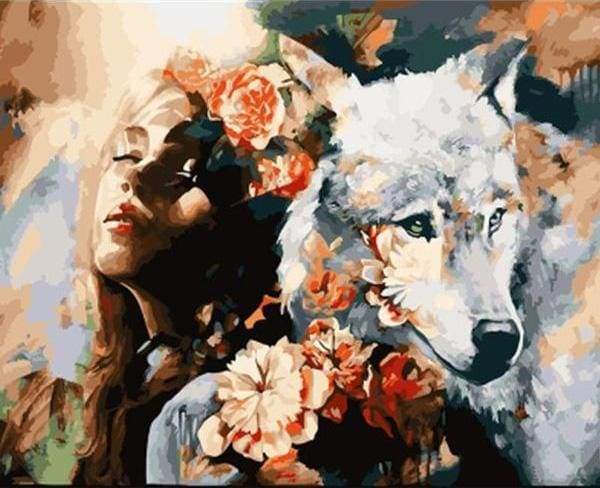 peinture par numéros | Complicité Femme et Louve blanche | animaux intermédiaire loups | FiguredArt