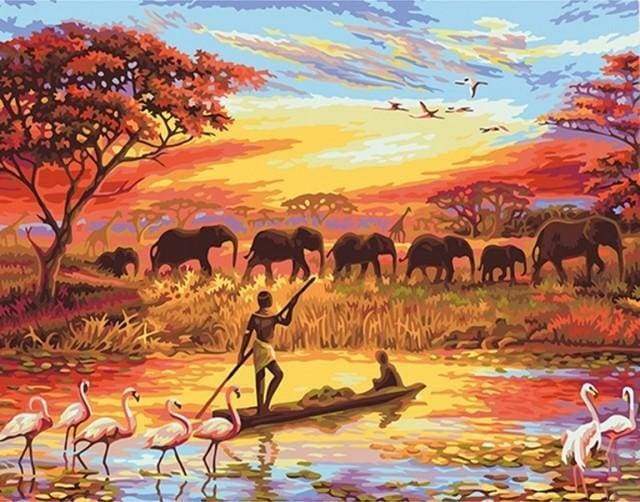 peinture par numéros | Coucher de soleil Eléphants | animaux envies dailleurs intermédiaire paysages éléphants | FiguredArt