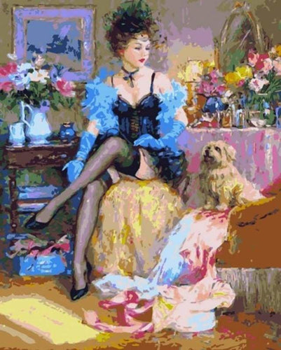 peinture par numéros | Courtisane et son Chien | intermédiaire romantique | FiguredArt