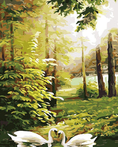 peinture par numéros | Cygnes près de la Forêt | cignes, complexe, oiseaux, paysages | FiguredArt