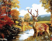 Charger l&#39;image dans la galerie, peinture par numéros | Daims près de la Rivière | animaux intermédiaire rennes et biches | FiguredArt