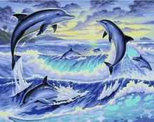 Charger l&#39;image dans la galerie, peinture par numéros | Dauphins jouant | animaux complexe dauphins paysages | FiguredArt