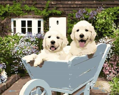peinture par numéros | Deux Chiots dans une Brouette | animaux chiens facile | FiguredArt