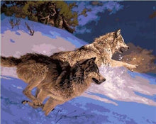 Charger l&#39;image dans la galerie, peinture par numéros | Deux Loups sélançant dans la Neige | animaux intermédiaire loups | FiguredArt
