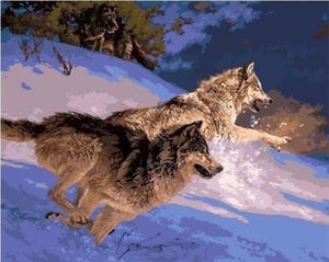 peinture par numéros | Deux Loups sélançant dans la Neige | animaux intermédiaire loups | FiguredArt