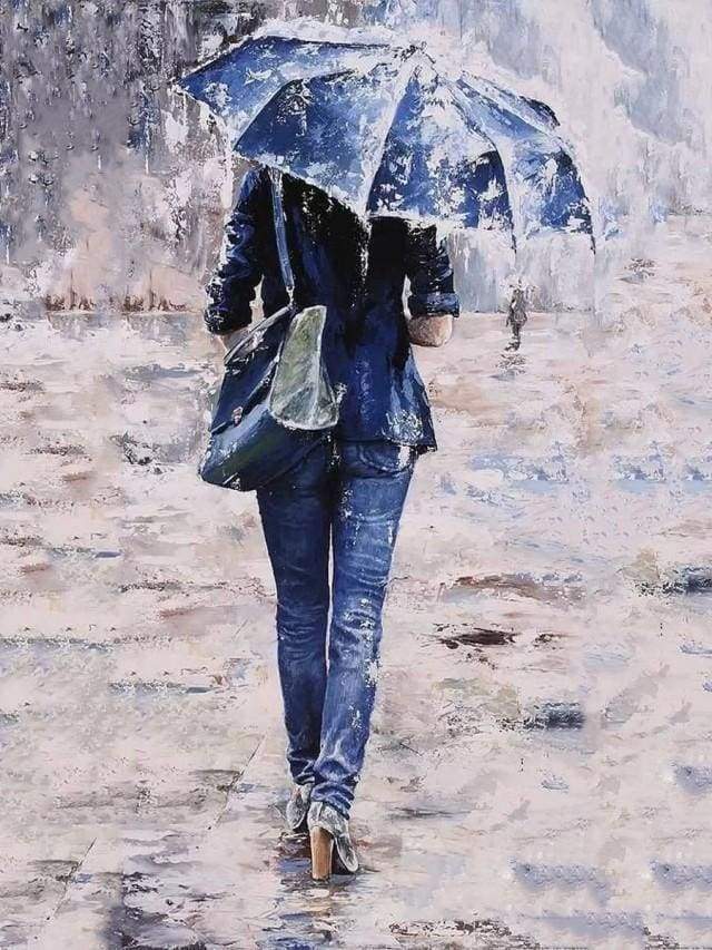 peinture par numéros | Femme en bleu sous un Parapluie | intermédiaire nouveautés romantique | FiguredArt