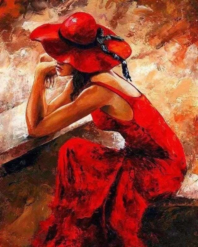 peinture par numéros | Femme en Robe et Chapeau rouges | complexe romantique | FiguredArt