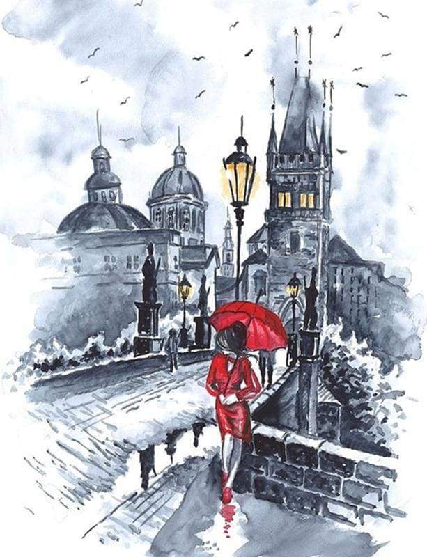 peinture par numéros | Femme en rouge et Parapluie | intermédiaire nouveautés ville | FiguredArt