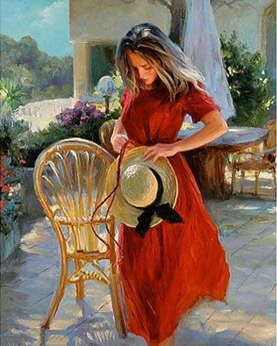 peinture par numéros | Femme en rouge prête à sassoir | facile paysages portrait | FiguredArt
