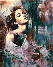 Charger l&#39;image dans la galerie, peinture par numéros | Femme et Cerf | nouveautés portrait animaux rennes et biches complexe | FiguredArt