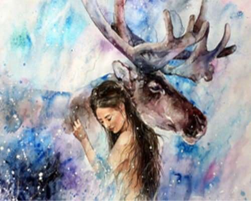 peinture par numéros | Femme et Renne | animaux complexe rennes et biches | FiguredArt