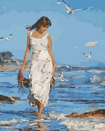 peinture par numéros | Femme marchant au bord de Mer | Facile, paysages, romantique | FiguredArt