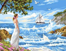 Charger l&#39;image dans la galerie, peinture par numéros | Femme regardant les Vagues | bateaux facile paysages | FiguredArt