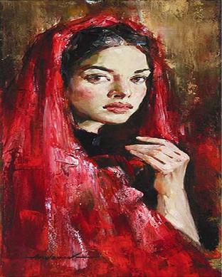 peinture par numéros | Femme Voile Rouge | Complexe, portrait | FiguredArt