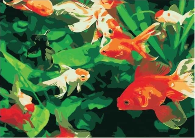 peinture par numéros | Feuilles vertes et Poissons rouges | animaux facile poissons | FiguredArt