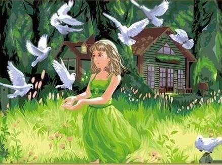 peinture par numéros | Fillette donnant à manger aux Oiseaux | animaux enfants intermédiaire oiseaux | FiguredArt