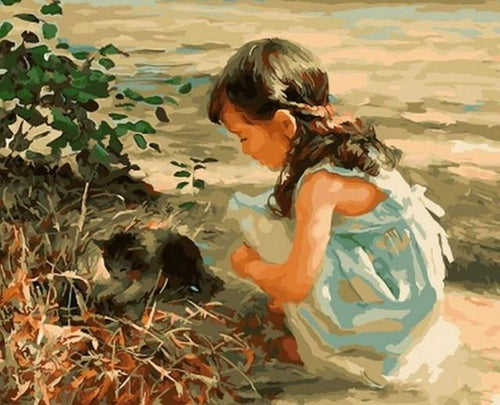 peinture par numéros | Fillette et son chaton | animaux, chats, Intermédiaire | FiguredArt