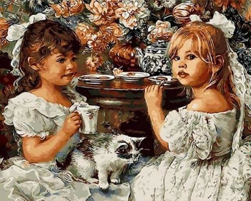 peinture par numéros | Fillettes prenant le Thé | animaux complexe portrait romantique | FiguredArt