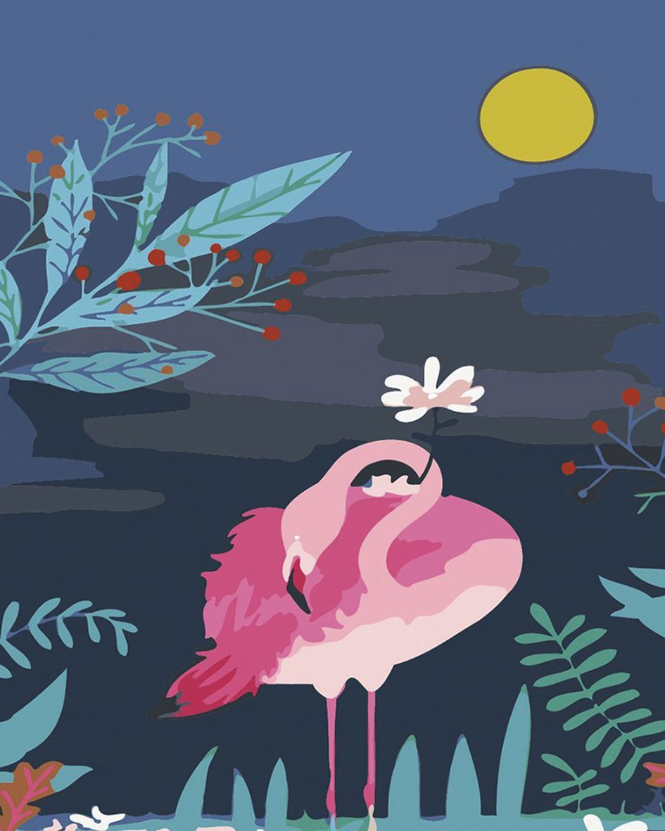 peinture par numéros | Flamant rose et pleine Lune | animaux, facile, flamants roses, fleurs, oiseaux | FiguredArt