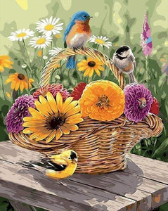 peinture par numéros | Fleurs dans un Panier et Oiseaux | animaux fleurs intermédiaire oiseaux | FiguredArt