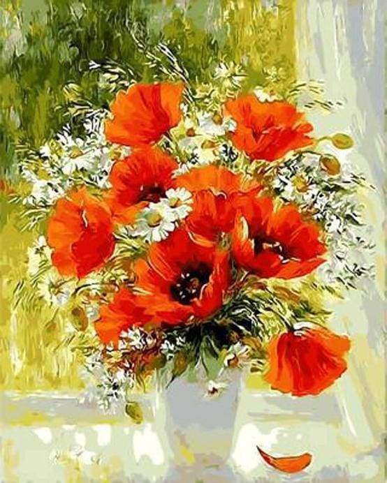 peinture par numéros | Fleurs Rouges et Marguerites | fleurs intermédiaire | FiguredArt