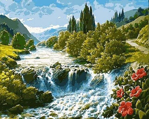 peinture par numéros | Fleurs rouges sur La Cascade | intermédiaire paysages | FiguredArt