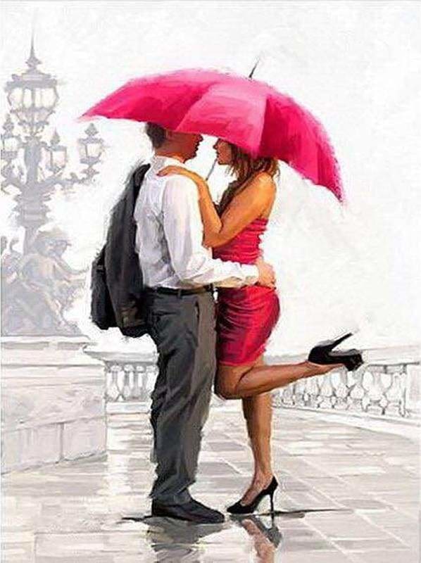 peinture par numéros | Homme et femme avec parapluie rouge | intermédiaire romantique | FiguredArt